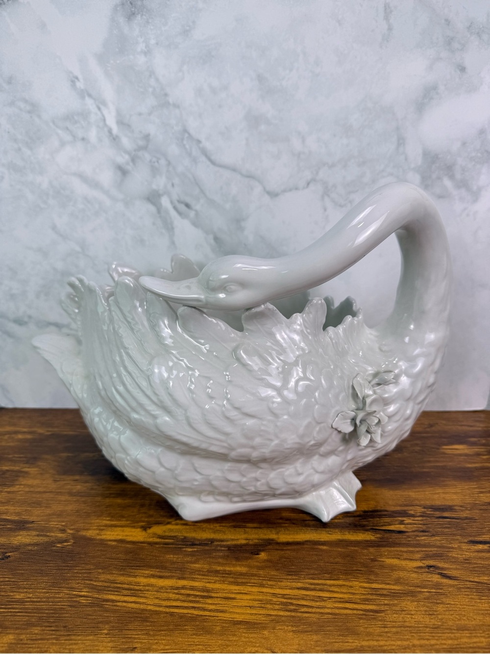 Vintage A. Zen Italy Large White Ceramic Swan Basket Applied Flowers Nove